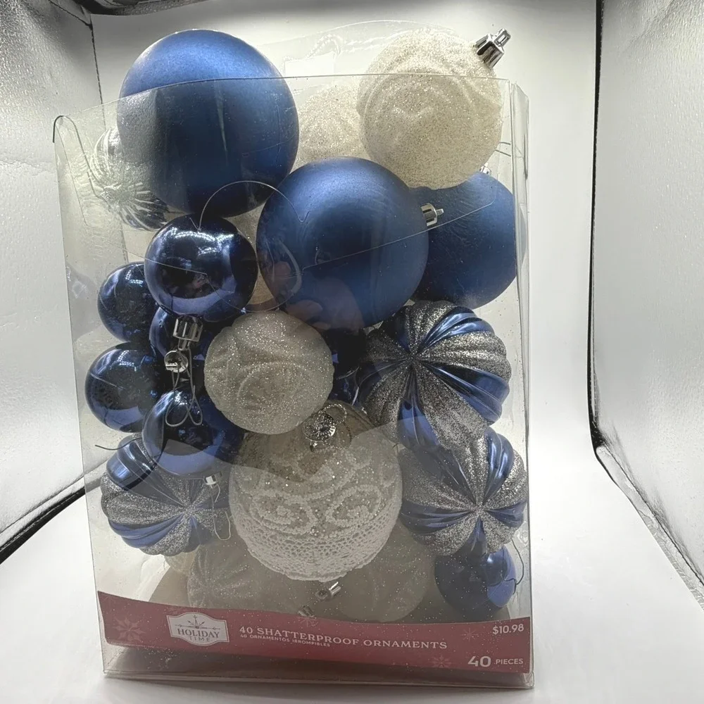 Holiday Time Shatterproof Christmas Ornaments 40ct Blue White Silver